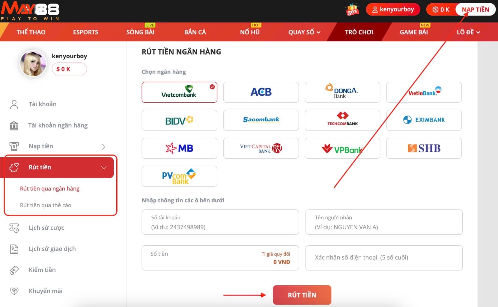 Hướng dẫn rút tiền từ tài khoản May88